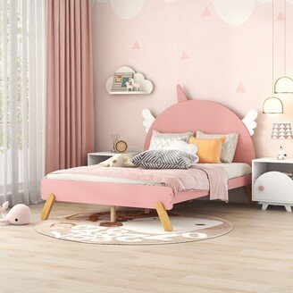 RASOO Pink Unicorn Wooden Full Size Platform Bed with Unicorn Shape Headboard