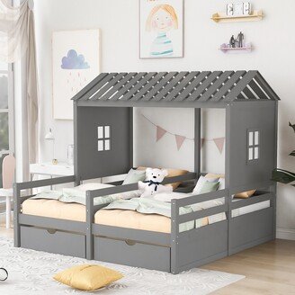 Twin Size House Platform Beds with Two Drawers|Grey - Twin
