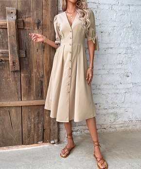 Apricot Bow-Accent Button-Front V-Neck Midi Dress - Women