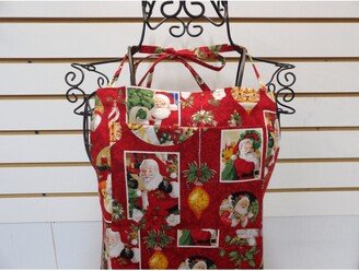 1316 Santa Collage Christmas Apron With Bib & Side Pockets. Chef Style Full Apron Holiday Scenes Of Santa Claus, Trees, Ornaments