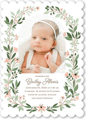 Birth Announcements: Grown Frame Birth Announcement, White, 5X7, Pearl Shimmer Cardstock, Scallop