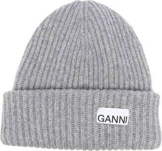 Grey Fisherman Rib Beanie With Logo Patch In Wool Blend Woman