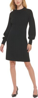 Petite Ribbed Puff-Sleeve High-Neck Sweater Dress