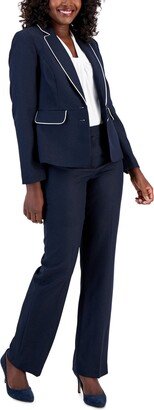 Women's Jacquard Two-Button Piped Pantsuit, Regular & Petite Sizes - Navy/Vanilla Ice