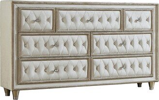 Matt 61 Inch Side Dresser, 7 Drawers, Velvet Tufted, Ivory, Light Brown