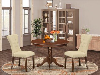 3 Piece Dining Room Table Set Contains a Round Dining Table with Pedestal and 2 Linen Fabric Upholstered Chairs,