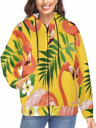 LOSARON Flamingo and flower on Yellow Women's Comfortable Hoodie Zipper Drawstring Hooded Jackets with Thumb Holes Oversized Sweaters 2XL