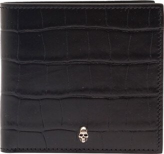 Black Bi-fold Wallet With Mini Skull Patch In Croco Embossed Leather Man