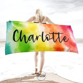 Personalized Tie Dye Towel, Custom Big Beach Rainbow Pool Gradient Birthday Gift For Her Kid Summer