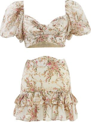 Selen Jewels Roselenda Beige Gold Detailed Mini Frilled Skirt And Top Set