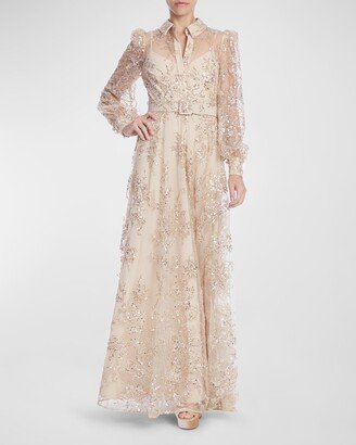 Sequin Embroidered Blouson-Sleeve Shirt Gown