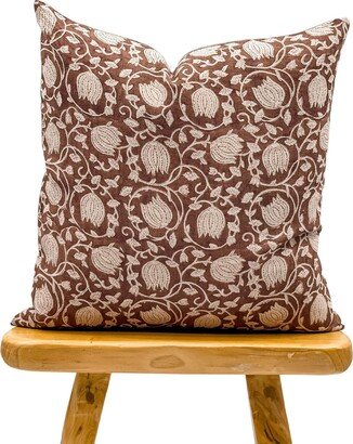 Designer Floral Terra Cotta Burgundy On Natural Linen Pillow Cover, Dark Cover, Boho Pillow, Fall Decor, Pillow