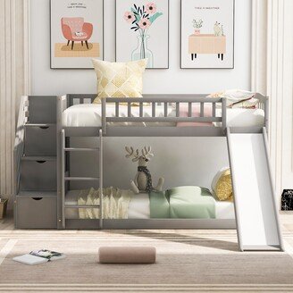 NINEDIN Twin Over Twin Bunk Bed with 2 Drawers & Slide, Solid Wood Bunkbed Fram w/Guard Rail for Kids, Teens Bedroom, Gray