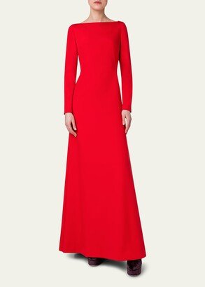 Red Long-Sleeve Godet Back Gown