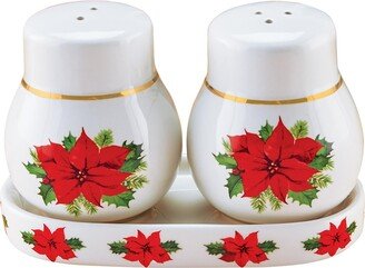 Collections Etc Hand-Painted Poinsettia Salt & Pepper Shaker 3-Piece Set