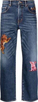 Animal-Embroidered Cropped Jeans