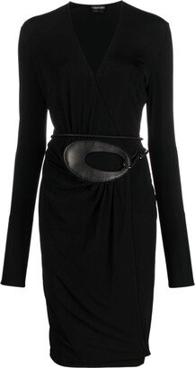 belted-waist V-neck dress