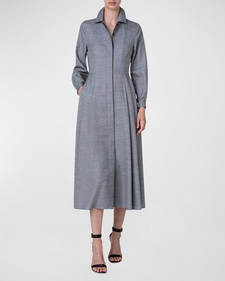 Long-Sleeve Pleated Wool-Silk Midi Shirtdress