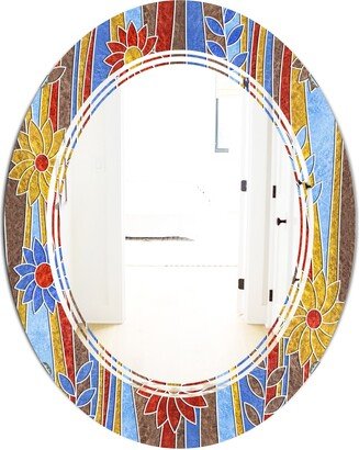 Designart 'Floral Retro Pattern III' Printed Modern Round or Oval Wall Mirror - Triple C - Multi