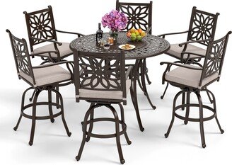 Cocam 7-Piece Cast Aluminum Patio Bar Stool Set, 6 Swivel Bar Stools and 1 Round Bar Height Table