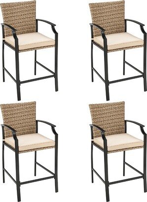 4PCS Patio Rattan Bar Stool Chairs Cushioned Seat Footrest & Armrest