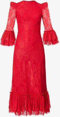 Womens Red The Strawberry Moon Floral-embroidered Lace Maxi Dress