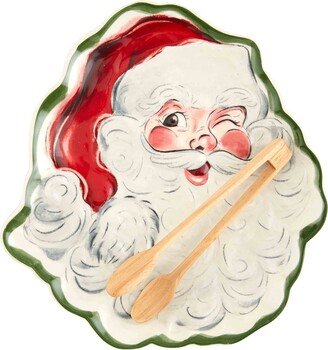 Santa Shaped Christmas Cookie Plate Set, plate 12 x 11 | tongs,Red