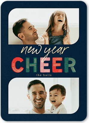 Holiday Cards: Creative And Cheerful Holiday Card, Blue, 5X7, New Year, Pearl Shimmer Cardstock, Rounded