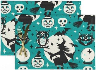 Witches Placemats | Set Of 2 - Witchy Wonders Retro Halloween Teal By Heatherdutton Pumpkins Skulls Bats Cloth Spoonflower