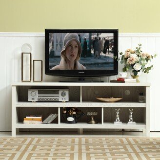 TOSWIN 58 White Wash Wood TV Stand Console with Open Shelves and Cord Management Ports