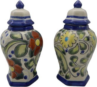 Set Of 2 Talavera Mexican Glazed Pottery Tibor Ginger Jar Canister with Lid Hanpainted # 03