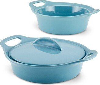 Solid Glaze Ceramic 3pk Round Casserole Set with Shared Lid Agave Blue