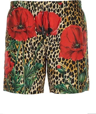 Poppy-Printed Drawstring Swim Trunks