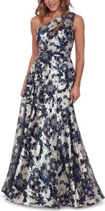 Metallic-Floral One-Shoulder Gown - Navy/Gold