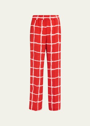 Grid-Print Wide Pajama Pants