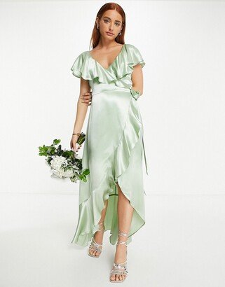 bridesmaid satin frill wrap dress in sage