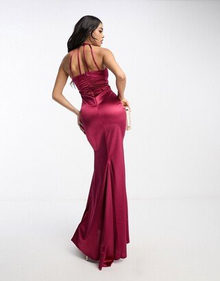 halterneck satin maxi dress in wine