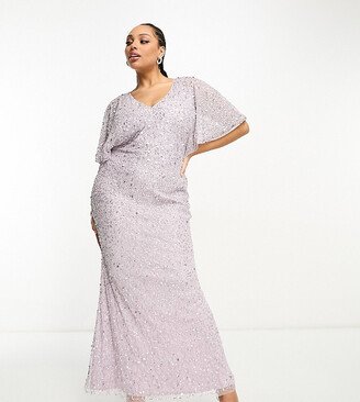 Beauut Plus Bridesmaid embellished maxi dress with flutter sleeve in lilac