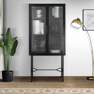 Floor Cabinet with 2 Tampered Glass Doors Living Room Display Cabinet with Adjustable Shelves