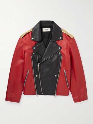 Color-Block Studded Leather Biker Jacket