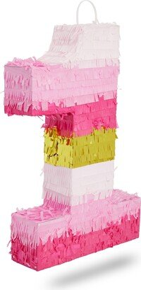 Blue Panda Small Pink and Gold Foil Number 1 Pinata for Kids 1st Birthday Party Decorations