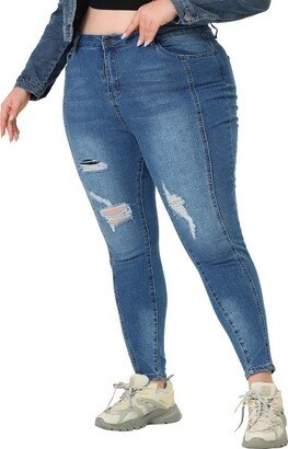 Agnes Orinda Women's Plus Size Mid Rise Stretch Washed Skinny Denim Jeans Blue-Ripped 3X