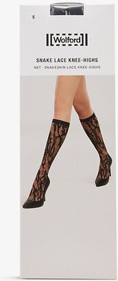 Womens Black nake-lace High-rise tretch-woven Knee-highs