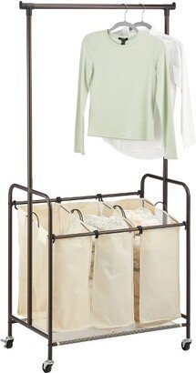 mDesign Portable Laundry Sorter with Wheels and Steel Hanging Bar - Bronze/Beige