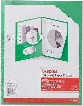 Staples 2-Pocket Folder with Fasteners Green 10/PK (13388-CC)