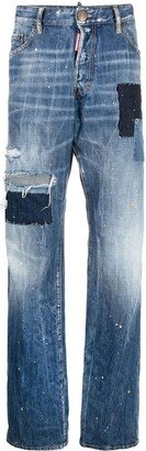 distressed-effect patchwork jeans