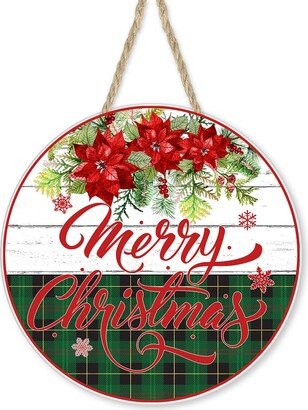 Poinsettia Merry Christmas Round Printed Handmade Wood Sign