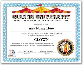 Personalized Circus University Certificate - Digital Or Printed Clown Magician School Magic Joke Diploma Birthday Gift Christmas Present