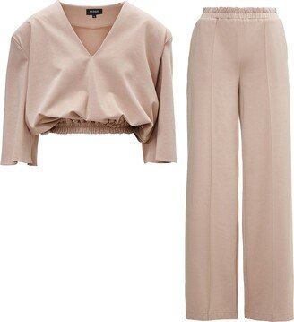 Bluzat Beige Matching Set With Blouse And Wide Leg Trousers