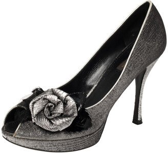 Silver Lurex Fabric Floral Peep Toe Pumps Size 39